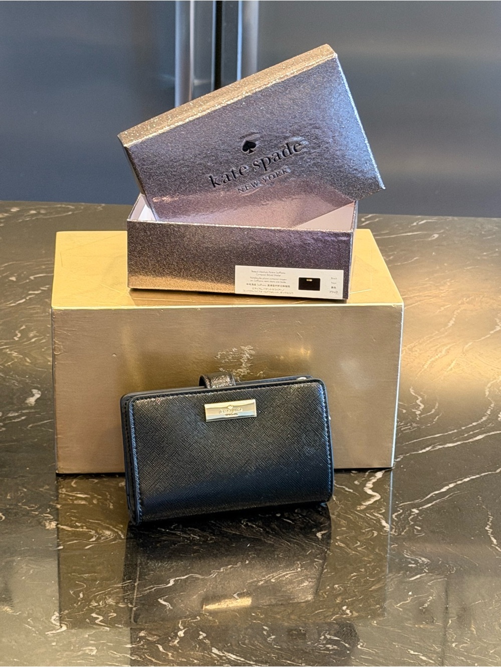 kate spade Black Saffiano Leather Compact Wallet with Gold Logo Plate